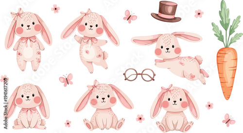 Cute watercolor bunny rabbits collection with butterflies carrot top hat glasses flowers and pink accents adorable spring illustration