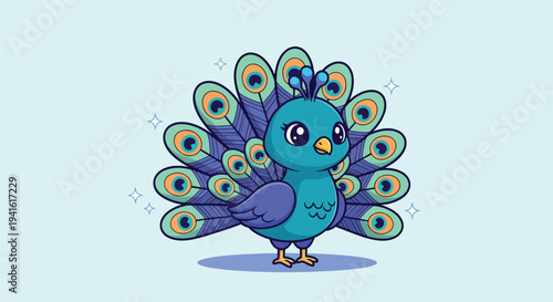 Cute Peacock Bird Cartoon Illustration.