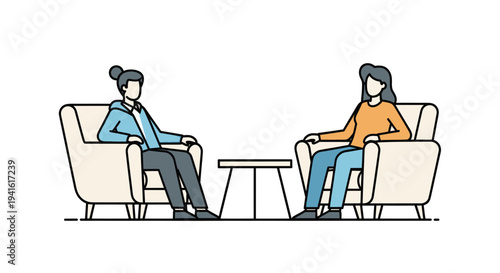 Two People Sitting in Chairs Talking.