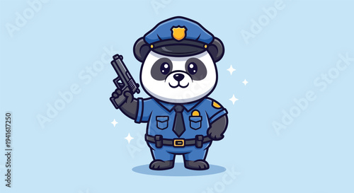 Cute Panda Police Officer Holding a Gun Cartoon Illustration.