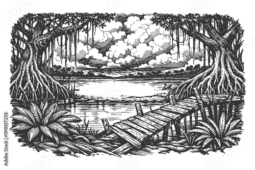 Large Banyan Tree with Hanging Roots by the Quiet Lake and Broken Wooden Pier in Hand Drawn Woodcut Engraving Style Black and White Vector Illustration