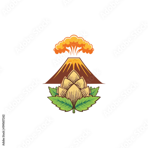 vector Volcano Erupting with Leaves Illustration Artwork