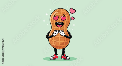 Cute Peanut Character Falling in Love with Heart Eyes.