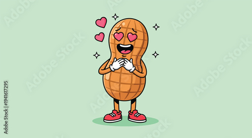 Cute Peanut Character in Love with Heart Eyes Vector.