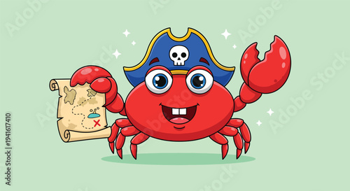 Cute Pirate Crab Holding Treasure Map Cartoon Illustration.