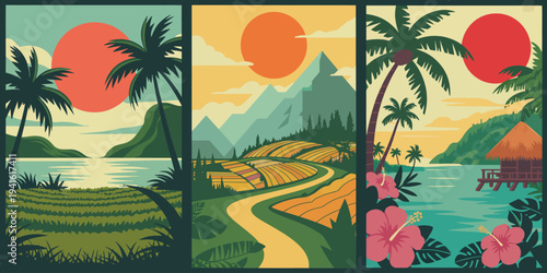 Sunset Poster, coral-red sun with palm silhouettes, terraced fields, and winding golden road in retro travel style