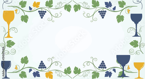 Elegant Passover Celebration Frame with Grapes and Wine Glasses, Illustrating a Festive Gathering and Culinary Delights