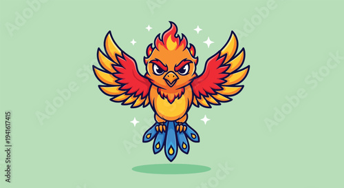 Cute Phoenix Bird Flying Cartoon Vector Icon Illustration.