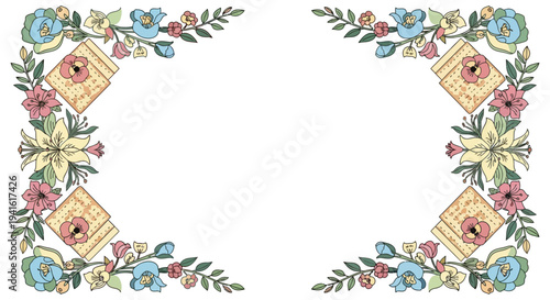 Corner design featuring matzah for Passover with floral decorations and geometric patterns, evoking tradition and springtime celebration