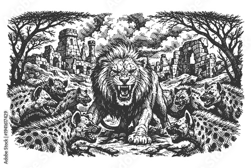 Fierce Lion King Defending Territory Against a Pack of Spotted Hyenas in African Savanna Hand Drawn Woodcut Style Vector Illustration Graphic Asset