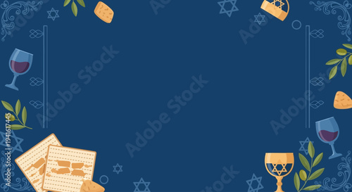 Elegant Passover Seder Plate with Matzah, Wine, and Olive Branches on a Blue Background