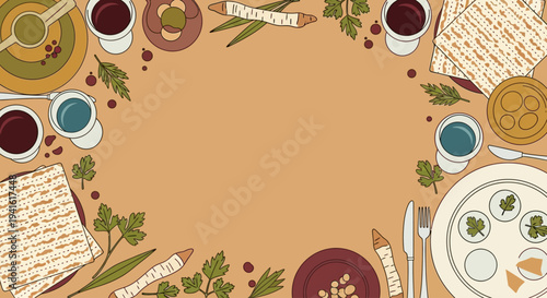 A festive overhead view of a Passover Seder table filled with traditional foods and symbolic items, perfect for holiday greetings and celebrations