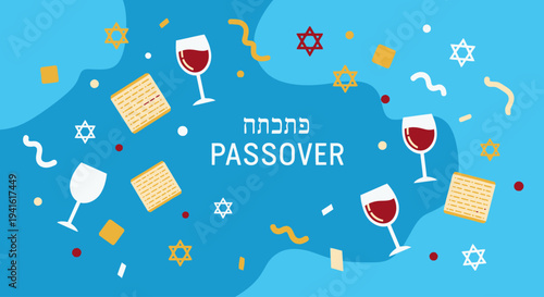 A vibrant and celebratory graphic illustration for Passover featuring matzah, wine, and traditional symbols on a blue background, perfect for holiday greetings and decorations