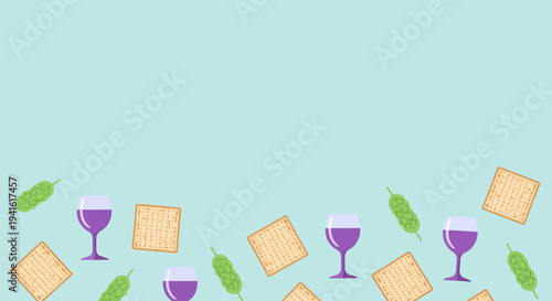 Passover Seder Celebration - Matzah, Wine, and Greenery on a Light Blue Background