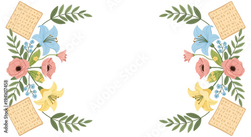 Spring Floral Border with Matzah for Passover Holiday Celebrations