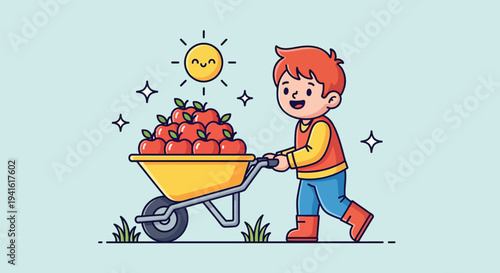 Happy Boy Pushing Wheelbarrow Full of Freshly Picked Red Apples Under Sunny Sky.