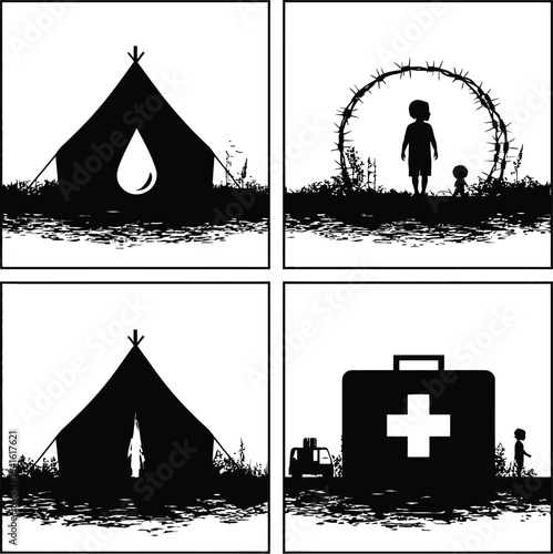 Minimal abstract vector illustration of humanitarian aid icons refugee shelter water supply children medical kit elegant outline design symbolizing crisis relief