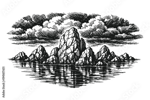 Majestic Rocky Islands in the Middle of Calm Ocean Under Cloudy Sky in Hand Drawn Woodcut Hatching Style Vector Illustration Graphic Asset