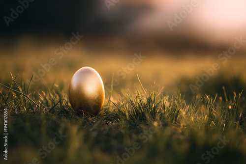 Golden Egg In Grass At Sunset, Warm Cinematic Easter Background With Copy Space