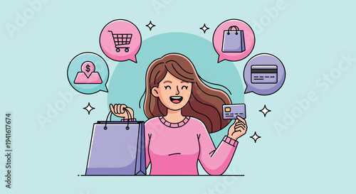 Happy woman shopping with credit card and bag surrounded by commerce icons.