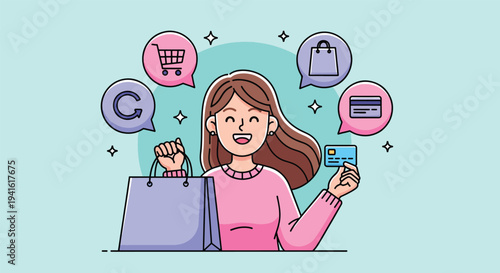 Happy woman shopping with credit card and bag surrounded by ecommerce icons.