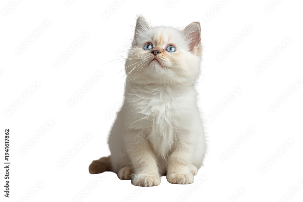 Obraz premium Little fluffy cream kitten with piercing blue eyes sitting and looking up, adorable baby domestic animal on transparent background