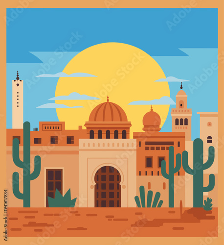 Mediterranean Sunset Poster, white coastal buildings with palm tree and colorful sun in minimalist travel illustration
