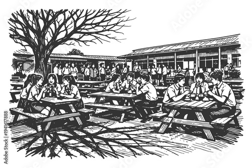 Group of Students Having Lunch and Talking at Picnic Tables in School Yard Garden Hand Drawn Woodcut Style Vector Illustration Graphic Asset