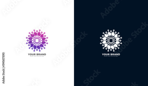 Circular technology logo design with circuit board patterns