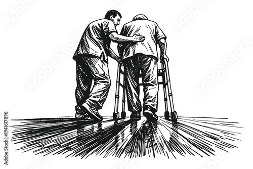 Male Nurse Helping Elderly Man Walking with Medical Walker Frame in Nursing Home Hand Drawn Sketch Style Vector Illustration Graphic Asset