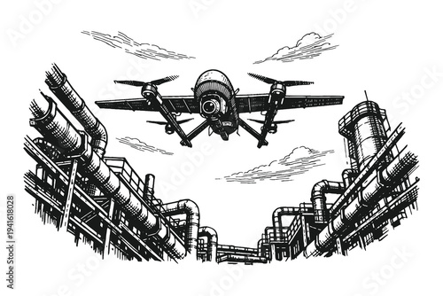 Industrial Surveillance Drone Flying Over Factory Pipes and Oil Refinery Plant in Hand Drawn Engraving Woodcut Style Vector Illustration Graphic Asset