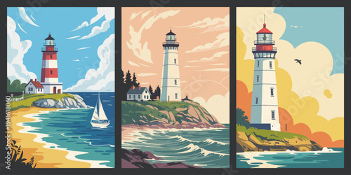 Coastal Lighthouse Wall Art, beach lighthouse and sailboat on blue ocean in modern nautical illustration poster