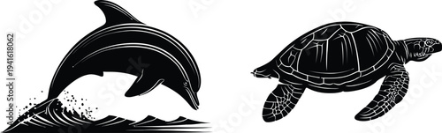 Minimal abstract vector illustration of marine animal icons dolphin sea turtle elegant outline design symbolizing ocean wildlife and biodiversity