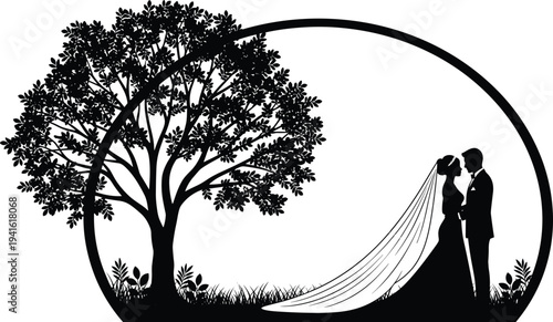 Black silhouette of a bride and groom standing under a large leafy tree for wedding invitation and romantic marriage designs,