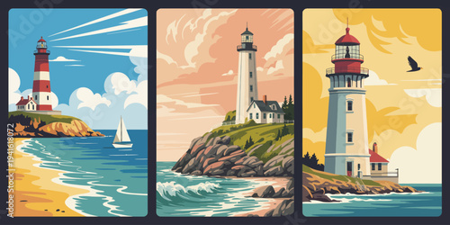 Lighthouse Coastal Poster, red white striped lighthouse with sailboat and rocky shore minimalist seaside illustration