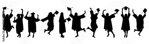 Set of silhouettes of graduate student with graduation cap  in different poses, celebrating education success. Vector illustration.