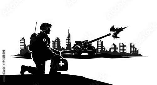 Soldier with medical kit firing artillery in ruined city silhouette