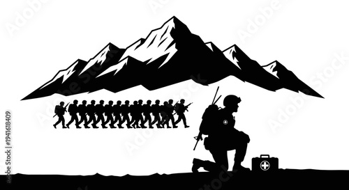 Soldier with medical kit kneels as troops march past mountains, military medical support concept
