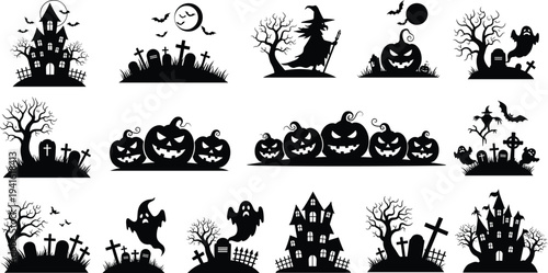 Collection of Halloween silhouettes featuring haunted houses spooky jack o lanterns ghosts witches and cemeteries for festive holiday party design elements,