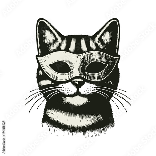 Elegant Cat Head Wearing Masquerade Mask in Vintage Engraving Style