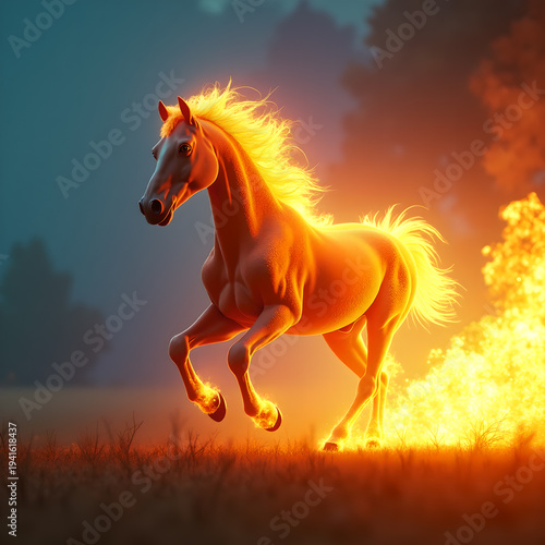 Horse on Fire with Flaming Mane Dramatic. Generative ai.
