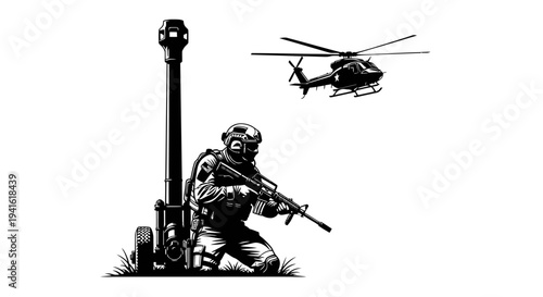 Soldier with Rifle and Helicopter near Artillery Gun