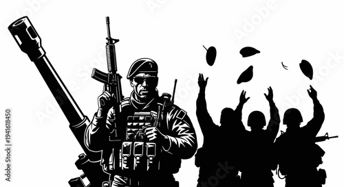 Soldier with Rifle and Artillery, Celebrating Victory, Freedom, and Peace