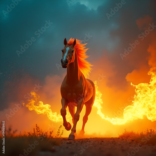 Horse on Fire with Flaming Mane Dramatic. Generative ai.