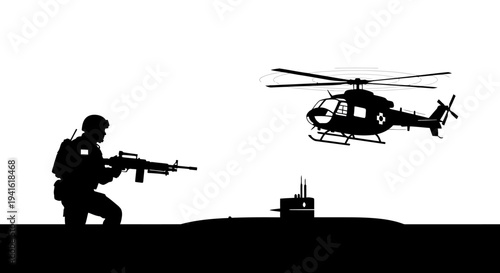 Soldier With Rifle and Helicopter Over Submarine Silhouette