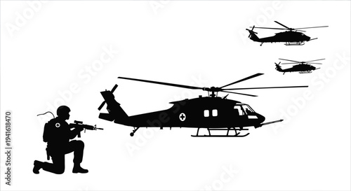 Soldier with Rifle and Helicopters Silhouette