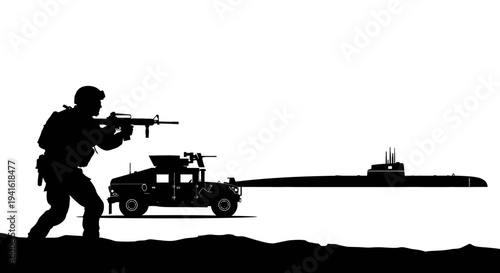 Soldier with Rifle and Humvee Towing Submarine Silhouette