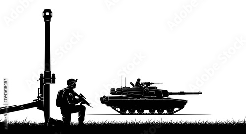 Soldier with Rifle and Tank Silhouette in Grassy Field