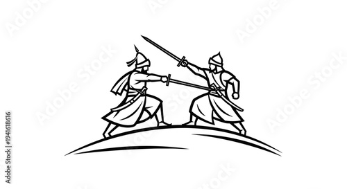 Two warriors in traditional attire clashing swords on a hill, illustration