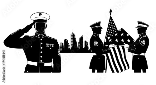 US Marines Salute American Flag with City Skyline Silhouette